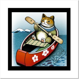 Ukiyo-e cat in canoe Posters and Art